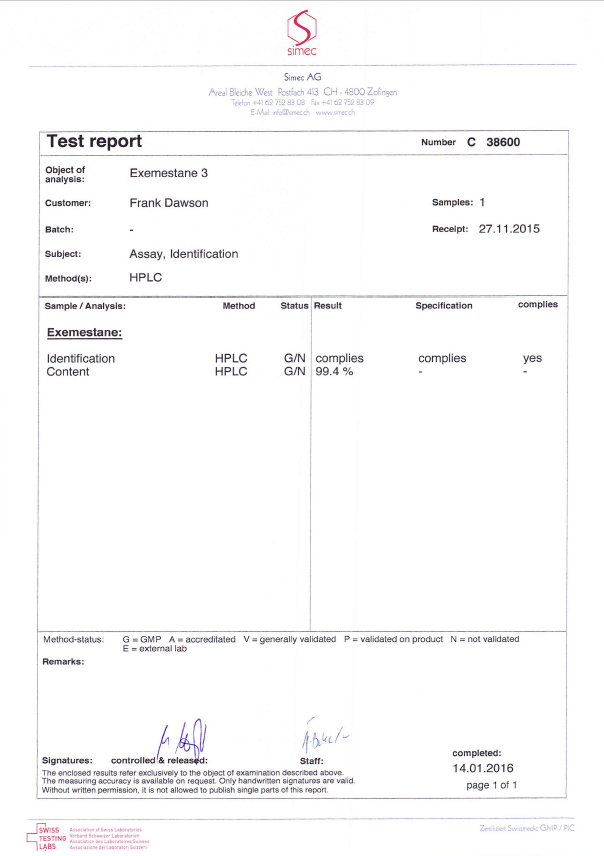 Exos Exemestane - raws purity report